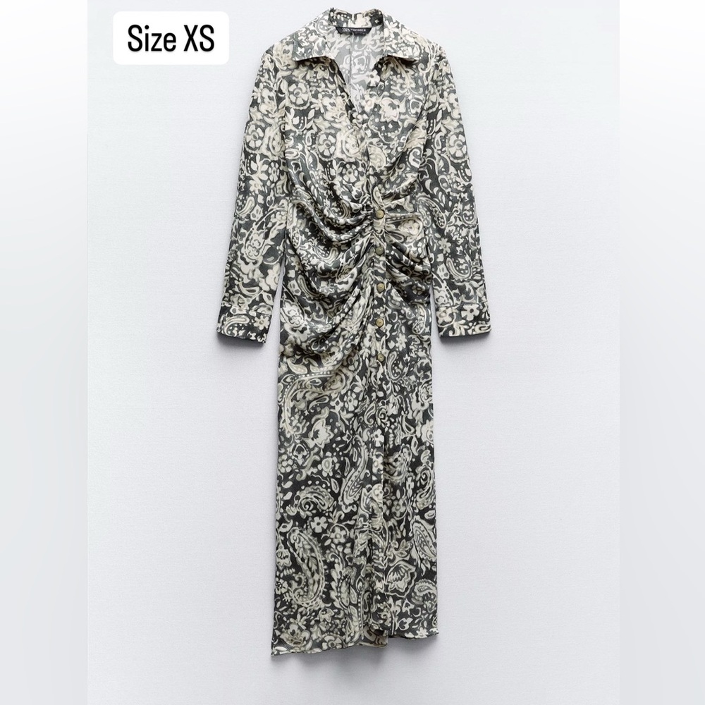 Zara Black and Cream Paisley Long Sleeve Dress